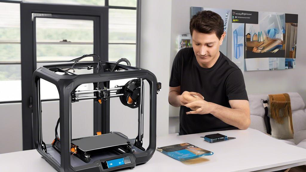 Create an image showing someone setting up the FlashForge Adventurer 3 3D printer in a home environment. The person should be following step-by-step instructions on a manual or tablet. The background should feature a clean and organized workspace, with the printer prominently displayed. The printer