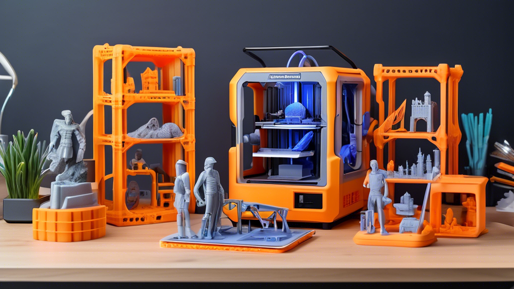 Create a detailed and vibrant illustration showcasing several completed 3D printed projects made with the FlashForge Adventurer 3 3D Drucker. Include various items such as a miniature architectural model, decorative figurines, and functional household objects. Highlight the 3D printer in the background with a touchscreen interface visible, illustrating a user optimizing print settings. Add icons or annotations showing common problems like layer misalignment with corresponding solutions nearby.