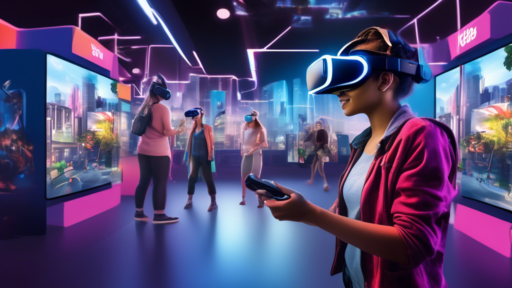 Create an image depicting a vibrant urban setting with various VR arcades and experience centers dotted throughout the cityscape. People are visible using VR headsets both indoors and outdoors, engaging in different activities like gaming, educational simulations, and training exercises. Include visual elements such as online maps or directory services on smartphones or kiosks, helping users locate the VR centers. Incorporate ratings and reviews in the scene, showcasing the best VR experiences in the area. The overall atmosphere should reflect excitement and cutting-edge technology. Text overlay: VR in meiner Nähe: Virtuelle Realität erleben.