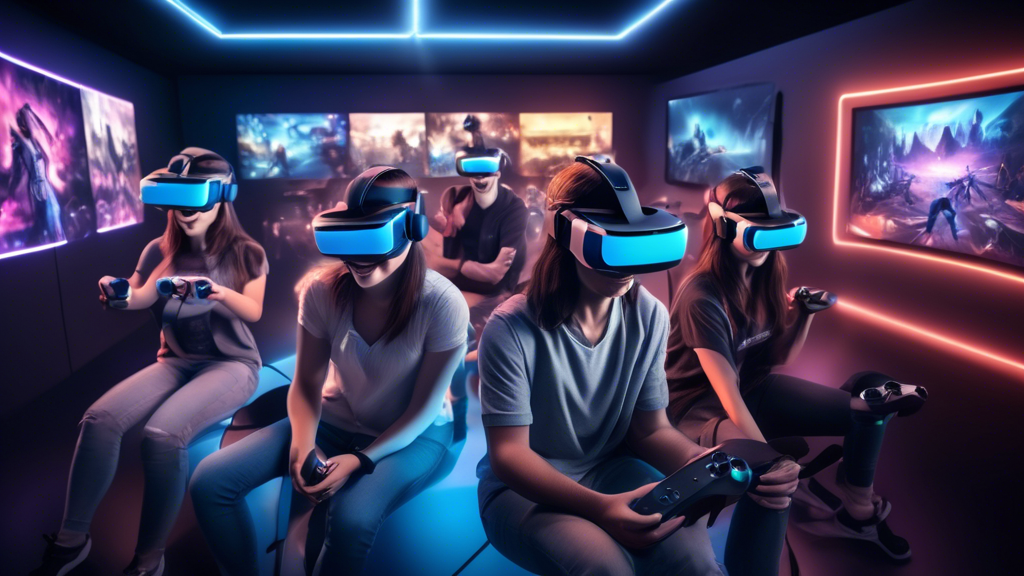Create an engaging scene that highlights the top VR experiences and recommendations in a local area. Show a group of people enjoying popular VR games and simulations in a modern VR gaming center. Include banners or signs for special events and offers. Show individuals wearing VR headsets, using controllers, and interacting with immersive, realistic game environments. Add elements like subtle lighting, high-tech equipment, and a welcoming atmosphere to convey the excitement and anticipation of a top-tier VR experience. Keywords: VR near me, top VR experiences, local VR gaming center, popular VR games, special VR events and offers.