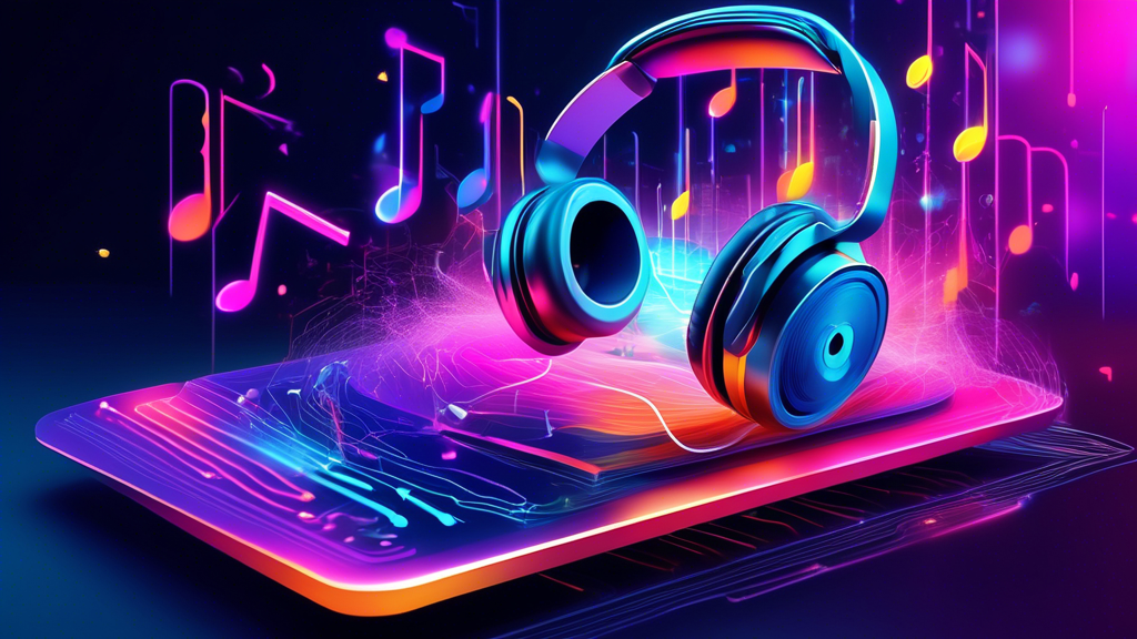 An imaginative and futuristic scene depicting the technological advancements in online music streaming. Illustrate a vibrant digital environment showcasing AI and machine learning algorithms visualized as colorful, flowing data streams providing personalized music recommendations to diverse users. Incorporate elements representing high-quality 3D audio experiences, like immersive sound waves radiating from headphones. Additionally, feature icons or symbols of blockchain technology, emphasizing its impact on copyright protection, amidst an artistic backdrop of a music streaming platform interface. The overall atmosphere should convey innovation and connectivity in the music streaming industry.