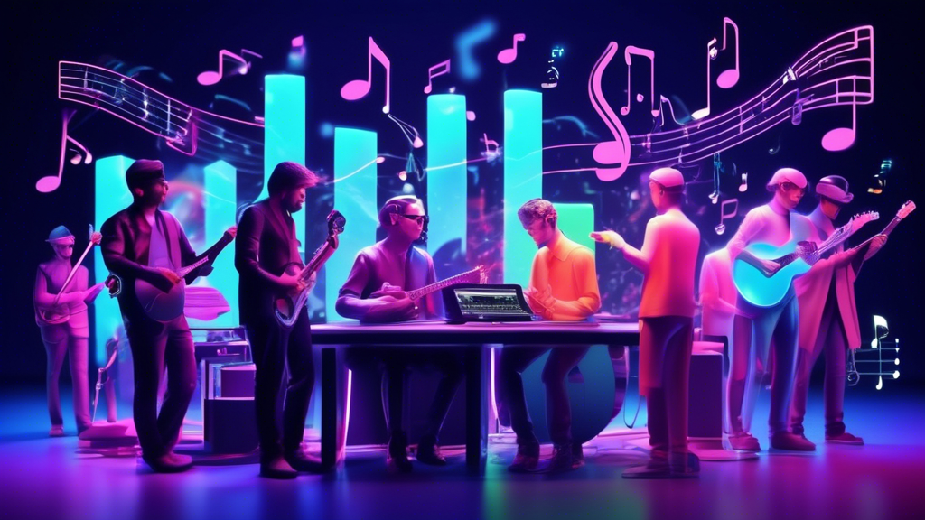 Create a futuristic scene depicting the evolution of online music streaming. Showcase a diverse group of musicians and artists interacting with advanced digital technologies, such as holographic interfaces displaying music analytics. Include elements that represent changing user behaviors, such as people enjoying music through immersive experiences or smart devices. Illustrate potential new business models, like subscription services or artist crowdfunding platforms, in a visually appealing way. The environment should be vibrant and tech-savvy, reflecting the dynamic nature of the music industry in a digital age.