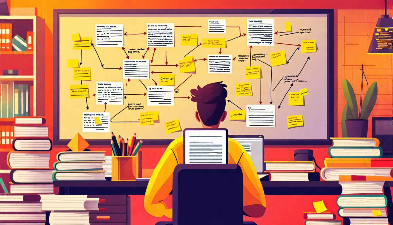 An experienced screenwriter sits at a cluttered desk surrounded by screenplay drafts, editing a script on their laptop. The scene shows a focused writer deeply engaged in refining their work, with sticky notes, highlighted text, and revision marks everywhere. The atmosphere is warm and creative, reflecting the dedication to perfecting dialogue, pacing, and overall structure. There’s a background board with interconnected plot points and character arcs sketched out, illustrating the intricate process of crafting the final draft screenplay.