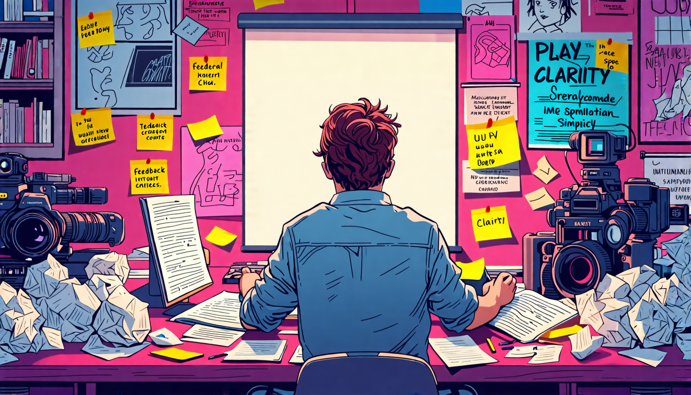 Create an image of a screenwriter at a desk covered with crumpled paper balls and multiple drafts of a screenplay manuscript in front of a computer. The screenwriter looks focused, with post-it notes around the desk featuring keywords like clarity, feedback, and simplicity. The background can be a cozy, creative workspace filled with movie posters and film equipment, emphasizing the feel of finalizing a screenplay.