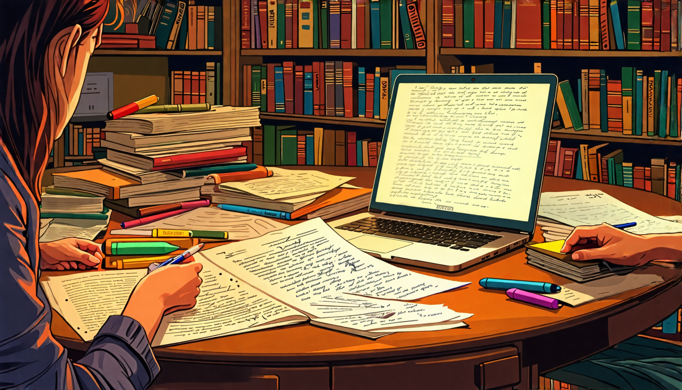 Prompt for DALL-E:

A cozy, well-lit room with a large table covered in printed scripts, highlighters, notebooks, and a laptop. In the background, a bookshelf filled with famous movie and TV show scripts can be seen. On the table, someone is diligently scribbling notes while another person is pointing out details on the script in front of them. The scene exudes a sense of focused study and collaborative learning, perfect for mastering script writing techniques.