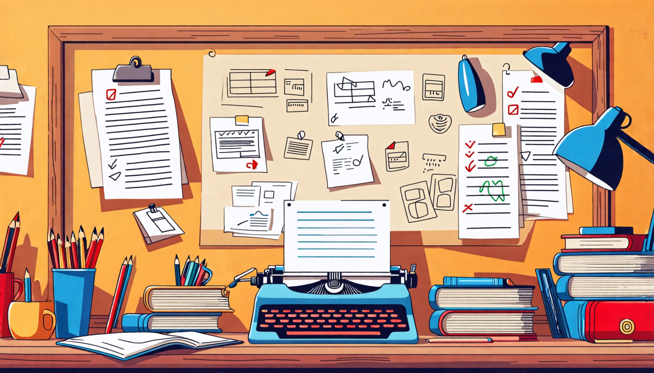 Create an image that prominently features a neat, organized workspace with essential scriptwriting tools such as a typewriter or computer, stacks of paper, books on writing, and a storyboard. The scene should also include step-by-step guides or checklists pinned on a corkboard, showcasing key techniques for developing characters and dialogue, such as character sketches or dialogue drafts. The workspace should exude a sense of creativity and focus, ideal for a beginner scriptwriter starting their journey into writing compelling scripts.