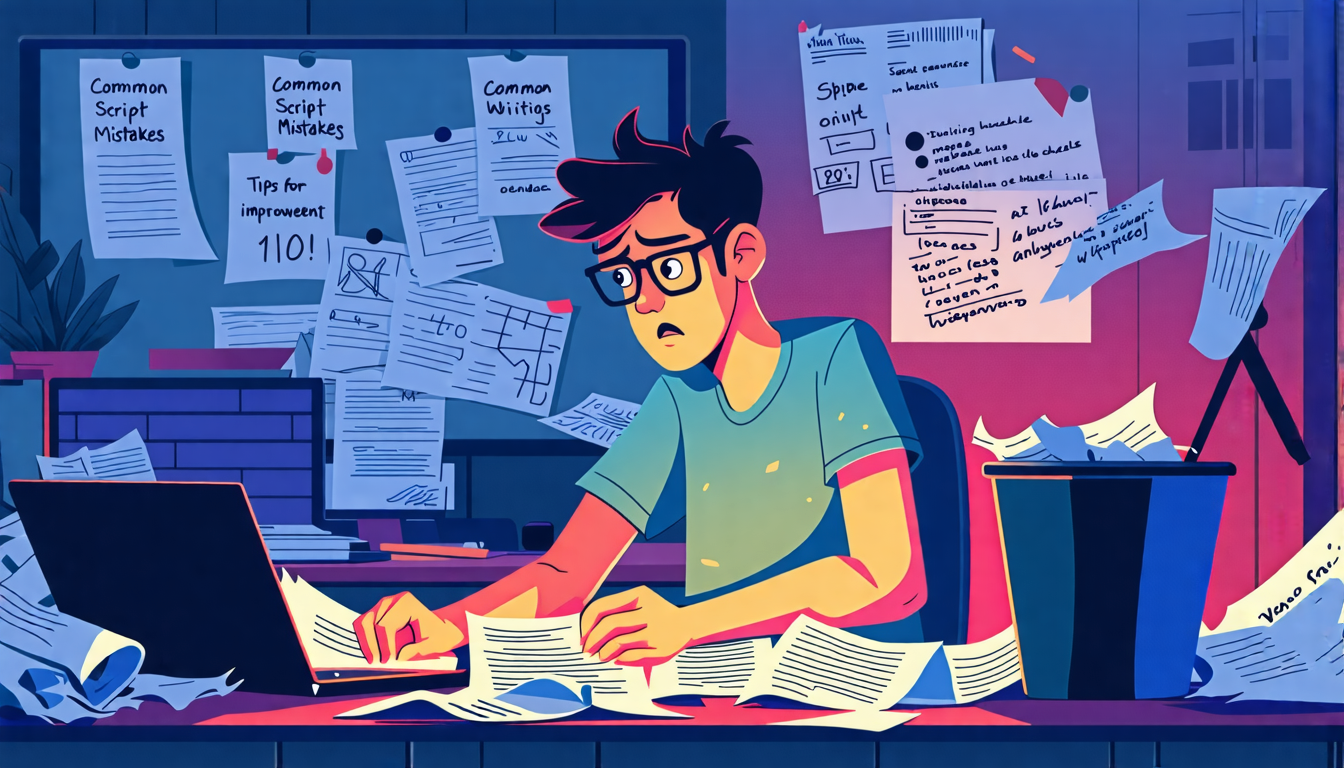 Create an image that portrays a beginner scriptwriter in their workspace, surrounded by crumpled papers and an overflowing trash can, looking frustrated as they work on a script. In the background, show an open laptop with a visible script writing software, and a bulletin board covered with notes on ‘Common Script Writing Mistakes’ and ‘Tips for Improvement’. The overall mood should reflect the challenges and learning process of avoiding common pitfalls in script writing 101. Keywords: script writing 101, beginner, common mistakes, improvement.