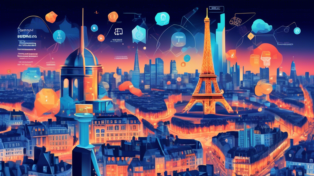 Create an image that showcases key players and innovations driving the French connection in crypto finance. Background: A modern cityscape of Paris with iconic landmarks like the Eiffel Tower. Foreground: Illustrate profiles of prominent French companies and startups in the crypto finance sector using stylized logos and branding. Include visual elements like blockchain networks, digital currencies, and futuristic technology to represent notable innovations. Show French financial institutions and regulators fostering a supportive environment with symbols of cooperation, such as handshakes and legal documents. Add a dynamic, forward-looking atmosphere with vibrant colors and tech-savvy aesthetics. 

Keywords to include: French connection, crypto finance, Paris, innovation, tech companies, blockchain, digital currency, financial institutions.