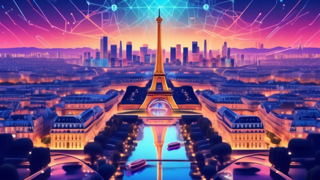 Create an image that illustrates the future of the French connection in crypto finance. Show a futuristic, bustling Paris skyline with iconic landmarks like the Eiffel Tower and modern buildings, all adorned with holographic cryptocurrency symbols. Include elements such as financial graphs, blockchain networks, and digital currencies blending seamlessly into the cityscape. Highlight a dynamic interaction between technology and traditional finance, portraying both challenges and opportunities.
