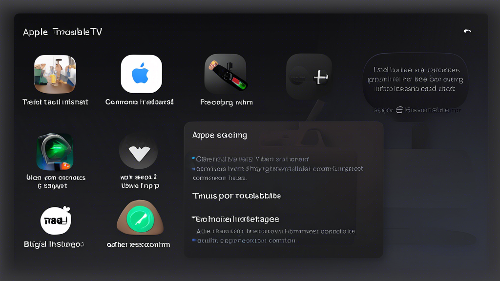 Create an image showcasing an Apple TV interface with a focused view of technical troubleshooting steps being resolved. The scene includes a user referring to a digital FAQ guide, with pop-up bubbles highlighting common issues like Connexion Instable and Contenus Bloqués. Visuals of a stable internet connection icon, a chat support icon, and a satisfied user with a thumbs-up ensure clarity and positive resolution. Design elements should seamlessly integrate the concepts of smart dns apple tv and emphasize support and resolution.