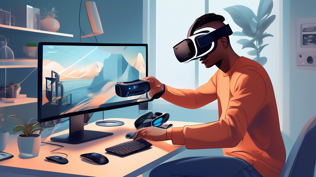 Illustration of a person setting up a VR headset with their PC, including connecting the cables, adjusting settings on the computer, and configuring the headset. The scene shows the required hardware components like a high-performance PC, a VR headset, and additional accessories. Clear and detailed, step-by-step visual elements highlight the process, while the background shows a typical home office setup with a desk, monitor, and PC gaming gear. The image incorporates tips for optimizing VR performance, such as ensuring good ventilation and cable management.