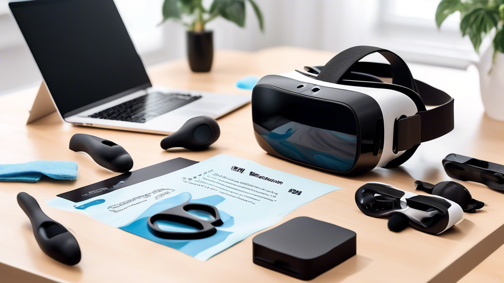 Create an image showing a VR headset for PC being meticulously cleaned and maintained. The scene should include a set of cleaning tools like microfiber cloths, air dusters, and sanitizing wipes. In the background, show a computer screen displaying troubleshooting steps and a list of common problems with quick solutions. The setting should be a home office with a clean, organized desk, emphasizing the importance of regular maintenance for longer device longevity.
