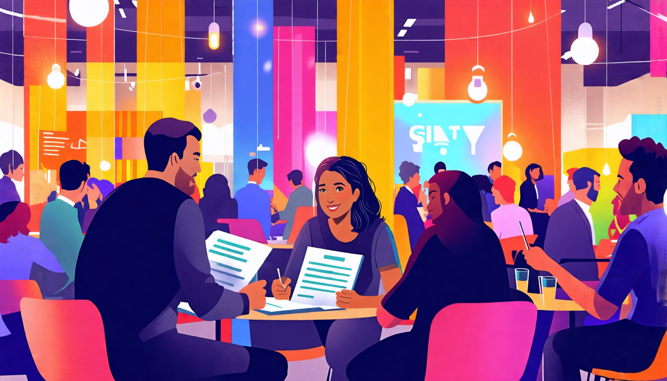 Prompt: An enthusiastic screenwriter at a bustling screenplay festival, engaging with a diverse group of industry professionals and receiving detailed feedback on their script in a vibrant, collaborative environment. The backdrop features colorful festival banners, workshop panels, and networking lounges, capturing the essence of opportunity and growth. Keywords: screenplay festivals, feedback, career growth, networking, collaboration.