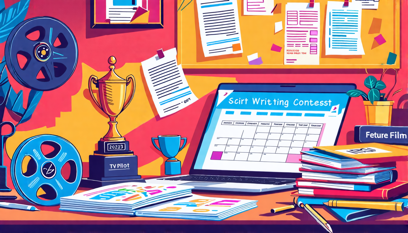 Prompt for DALL-E:

Create an image showcasing the top script writing contests to enter in 2023. The illustration should feature a table strewn with film reels, scripts labeled 