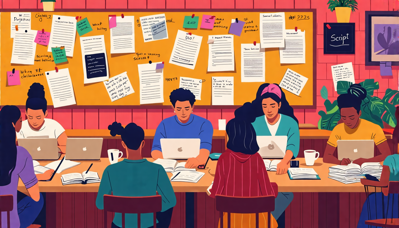 Create an image that depicts a diverse group of scriptwriters in a cozy coffee shop, each intensely focused on their laptops or notepads. The background shows a bulletin board filled with pinned contest flyers and announcements related to script writing contests in 2023. On one of the tables, a stack of scriptwriting guidebooks and notes with scribbled feedback can be seen. The atmosphere should convey collaboration, creativity, and determination, with accents of advice tips like Adhere to guidelines, Focus on originality, and Seek professional feedback subtly incorporated into the scene.