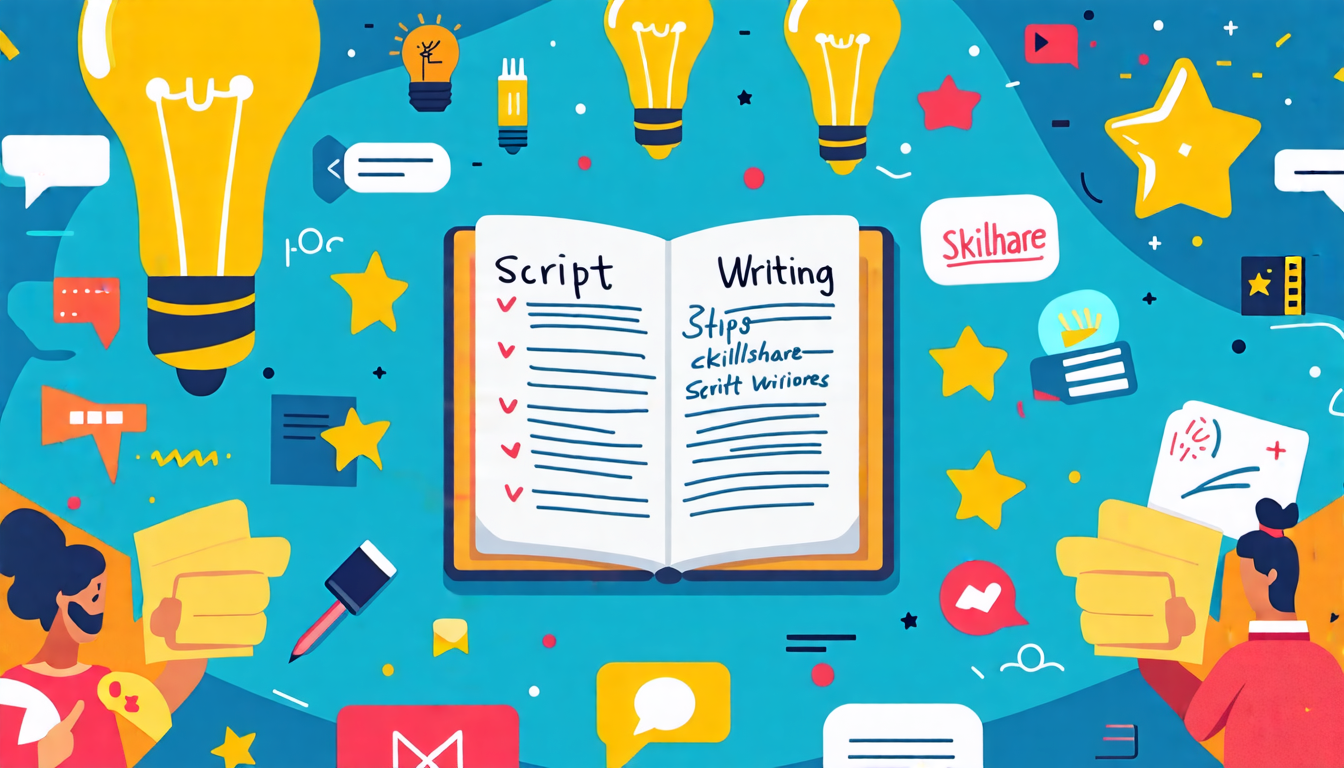 A vibrant collage featuring various elements from top Skillshare courses on script writing. In the center, a notebook with handwritten pages of a screenplay, surrounded by highlights such as course icons, lightbulbs symbolizing ideas, and stars representing high ratings. Instructors on the edges giving thumbs up, with snippets of positive student reviews and success stories woven around the composition.

Keyword: skillshare script writing