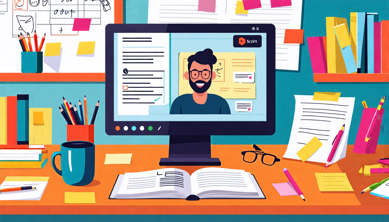 Create an image of a vibrant, modern workspace with a person deeply engaged in a Skillshare course on script writing. The computer screen shows a Skillshare interface with a video of an instructor discussing script concepts. Around the workspace, include motivational sticky notes, an open notebook filled with scribbles, and a coffee mug. In the background, show elements like a whiteboard with story ideas, a bookshelf with screenwriting books, and a bulletin board with printouts of feedback and discussion forum exchanges. The scene should radiate creativity, focus, and the dynamic energy of maximizing an online learning experience.