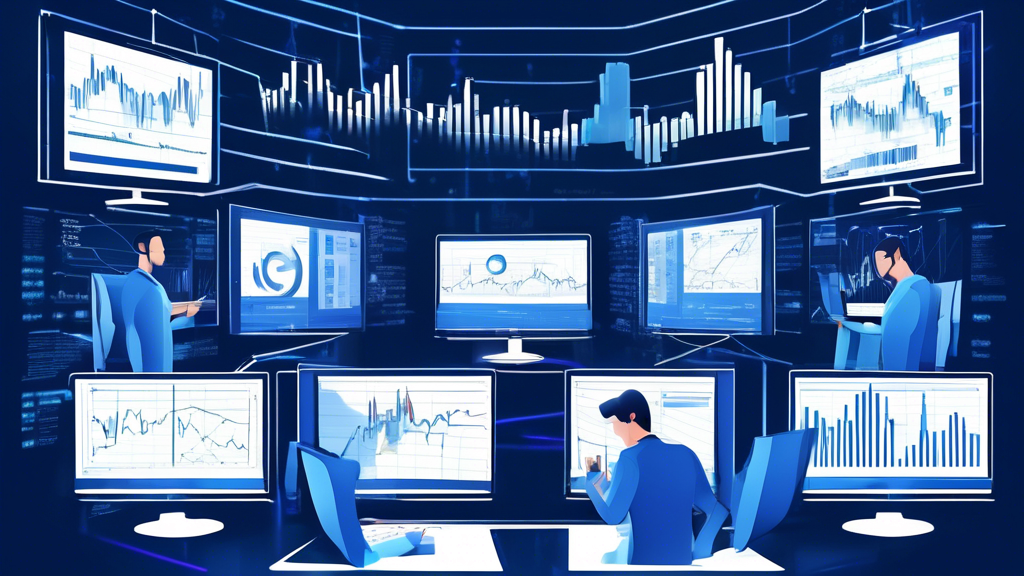 Create an illustration of traders at FTX enthusiastically analyzing complex financial data on multiple screens. Incorporate the Google Finance logo to show real-time market data flowing seamlessly into customized filters and detailed analytics. Visualize various charts, graphs, and statistics, highlighting how this integration empowers traders with precise market insights and strategic advantages.