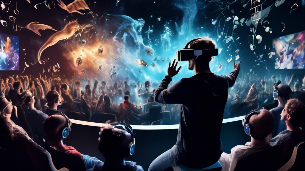 Create an image of a person fully immersed in a VR experience. The scene should be split into three sections: one showing an intense gaming environment with fantastical creatures and action, the second portraying a virtual cinema with the viewer surrounded by a 360-degree movie screen, and the third depicting a virtual concert with the audience cheering and musical notes floating in the air. Each section should be highly dynamic and visually captivating to highlight the diverse entertainment possibilities of VR glasses. Include the keyword vr glasses subtly within the image, perhaps as part of the virtual environment.