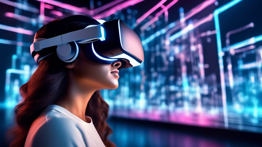 Create a futuristic scene showcasing the advanced VR glasses of tomorrow, highlighting cutting-edge hardware and software innovations. Include elements of artificial intelligence integration and 5G connectivity. Imagine a bustling marketplace display with people experiencing immersive virtual worlds—some gaming, others watching interactive films or attending virtual concerts. Add holographic projections and sleek, modern VR glasses design to emphasize future trends and market opportunities in the entertainment industry.
