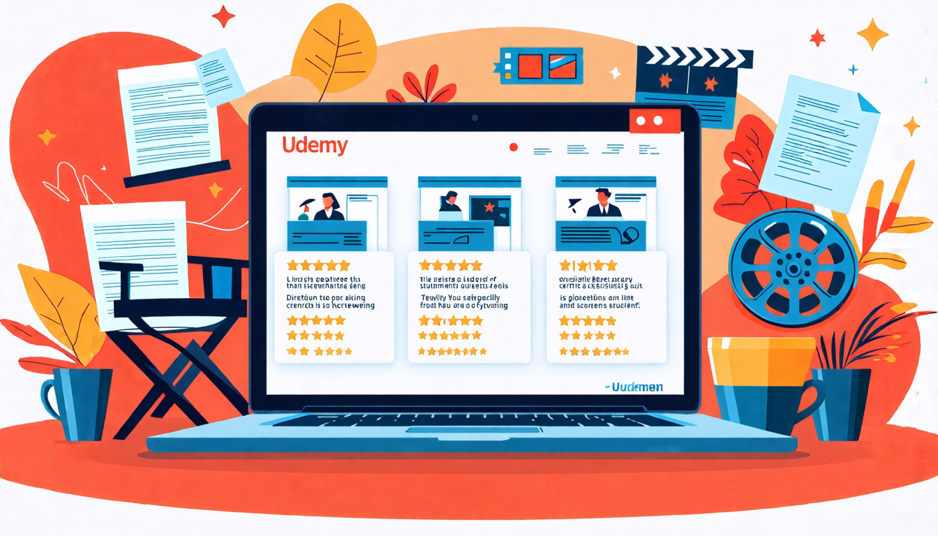 Create an image that showcases a selection of top-rated Udemy screenwriting courses on a sleek laptop screen. Each course should be visually represented with a brief description and a star rating. Surround the laptop with elements that symbolize screenwriting, such as film reels, script pages, a Director’s chair, and a coffee cup. Include a few testimonials or short quotes from successful students, capturing their journey and achievements.