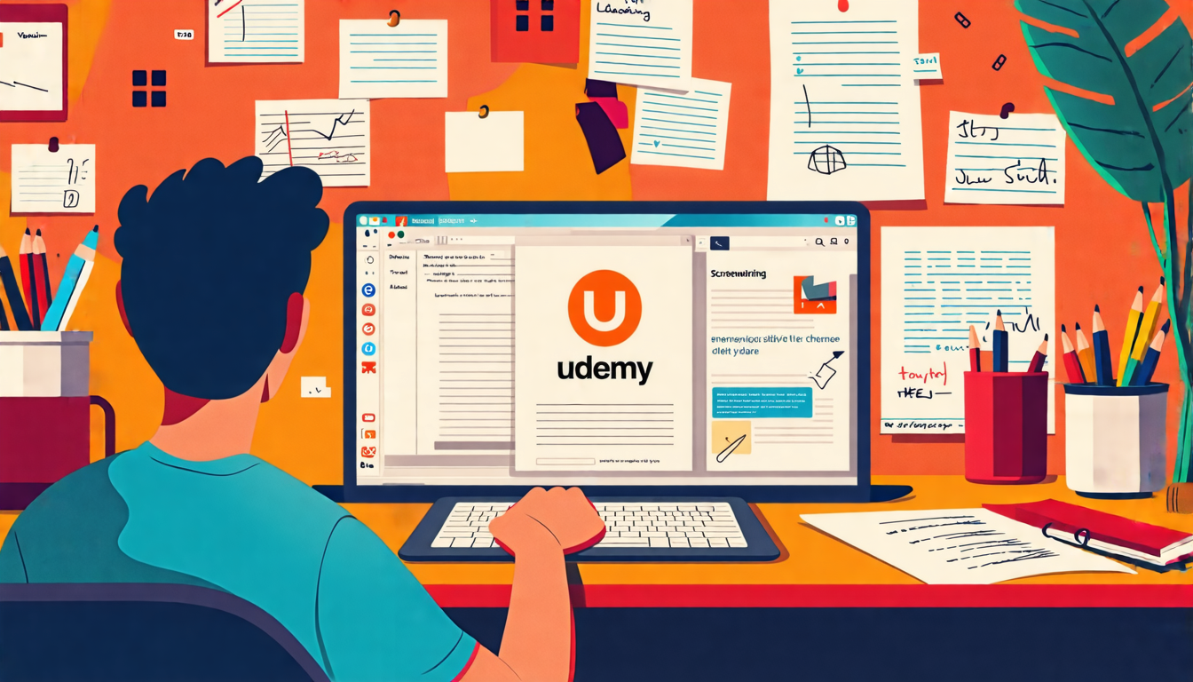 Create an image that depicts a cozy and inspiring workspace where a person is deeply engrossed in studying screenwriting. The workspace should feature a laptop displaying the Udemy logo along with screenwriting course materials, including notes, scripts, and storyboards. In the background, include elements that represent community and support, such as a bustling forum chat on a secondary screen and a bulletin board filled with positive testimonials and success stories from previous screenwriting students. The scene should evoke a sense of dedication and creativity as the person immerses themselves in their learning journey on Udemy.