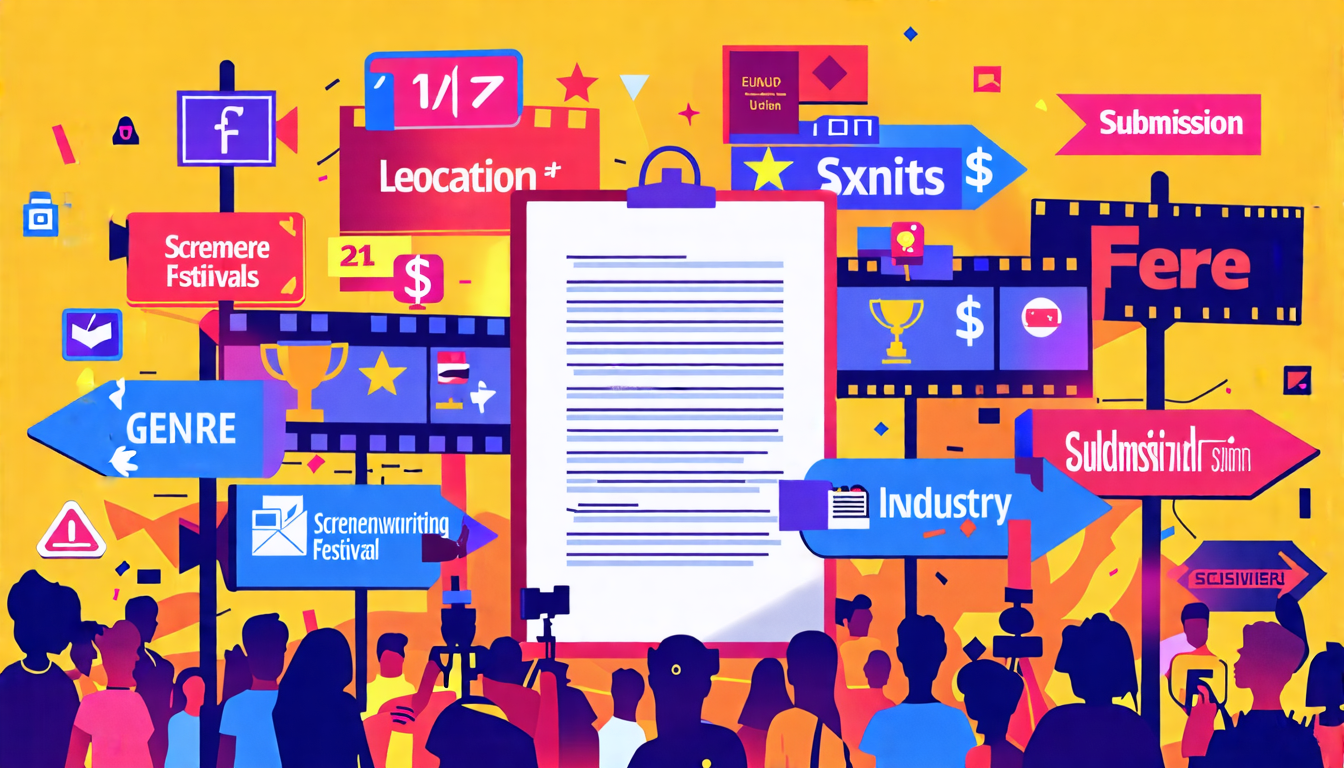 Create a detailed and vibrant illustration showing a film script surrounded by multiple signs pointing to different screenwriting festivals. Each sign highlights various criteria such as genre, location, size, and reputation. There are also icons representing submission fees and potential benefits like trophies, stars, and handshake symbols indicating industry connections. The background can include a diverse crowd of filmmakers and writers, along with a variety of festival banners and logos.