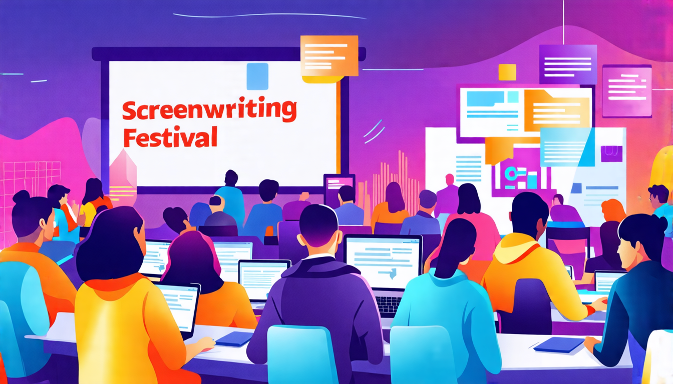 Create an image that depicts a bustling screenwriting festival filled with passionate writers and industry professionals. Highlight scenes of writers networking at a panel discussion, participating in workshops, and engaging at networking events. Include elements such as laptops, scripts, festival banners, and enthusiastic conversations. The atmosphere should be vibrant and inspiring, reflecting the opportunity and excitement of the event.