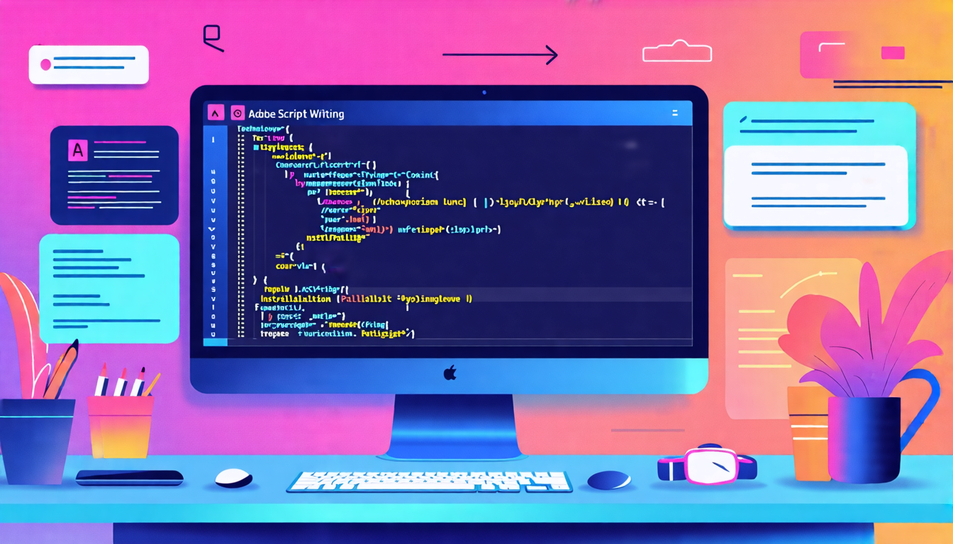 Create an image that visually represents a step-by-step guide to getting started with Adobe Script Writing. The image should feature a beginner-friendly tutorial setting on a computer screen, showing the installation process of Adobe Script tools and a simple script being written. Include on-screen elements like code snippets, an interface with installation steps, and helpful callouts or tips to highlight common pitfalls to avoid. The overall style should be clean, modern, and engaging, appealing to beginners looking to learn Adobe Script Writing.