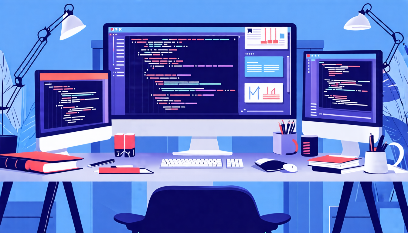 Create an image that showcases Advanced Tips and Best Practices for Mastering Adobe Script Writing: 

A detailed workstation setup with multiple monitors displaying various stages of Adobe Script Writing in progress. Include visual elements like code snippets, workflow diagrams, and debugging tools on the screens. Scatter professional resources like books and course listings around the desk. The background can have a sleek, modern office vibe to emphasize a professional setting. The central focus should be on the optimization and troubleshooting aspects, highlighting an efficient and productive environment for mastering Adobe Script Writing.
