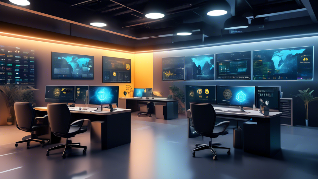 Create an image of a sleek, modern office setting with multiple computer monitors displaying the logos of top crypto exchanges: Coinbase, Binance.US, and Kraken. The scene should include charts and graphs showcasing cryptocurrency trends in 2023. Each monitor should highlight the unique features, benefits, and supported cryptocurrencies of each exchange. The overall mood should convey security, efficiency, and cutting-edge technology.

Prompt: A modern office with multiple computer monitors displaying the logos of top crypto exchanges: Coinbase, Binance.US, and Kraken. Each screen highlights features, benefits, and supported cryptocurrencies for 2023, with charts and graphs showcasing crypto trends. The setting reflects security, efficiency, and cutting-edge technology.
