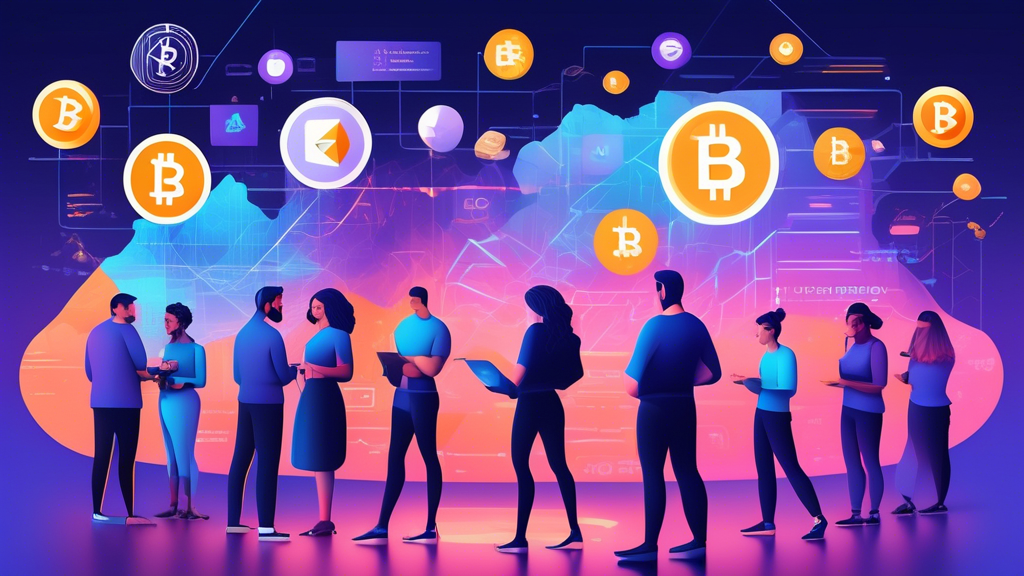 Create an image of a diverse group of people reviewing a large digital checklist featuring various cryptocurrency exchange logos like Coinbase, Binance.US, and Kraken. The background should depict a futuristic digital landscape with a focus on security icons, fee charts, user interface screens, and a wide array of supported cryptocurrencies. Make sure to highlight the essence of decision-making and comparison with the keyword 