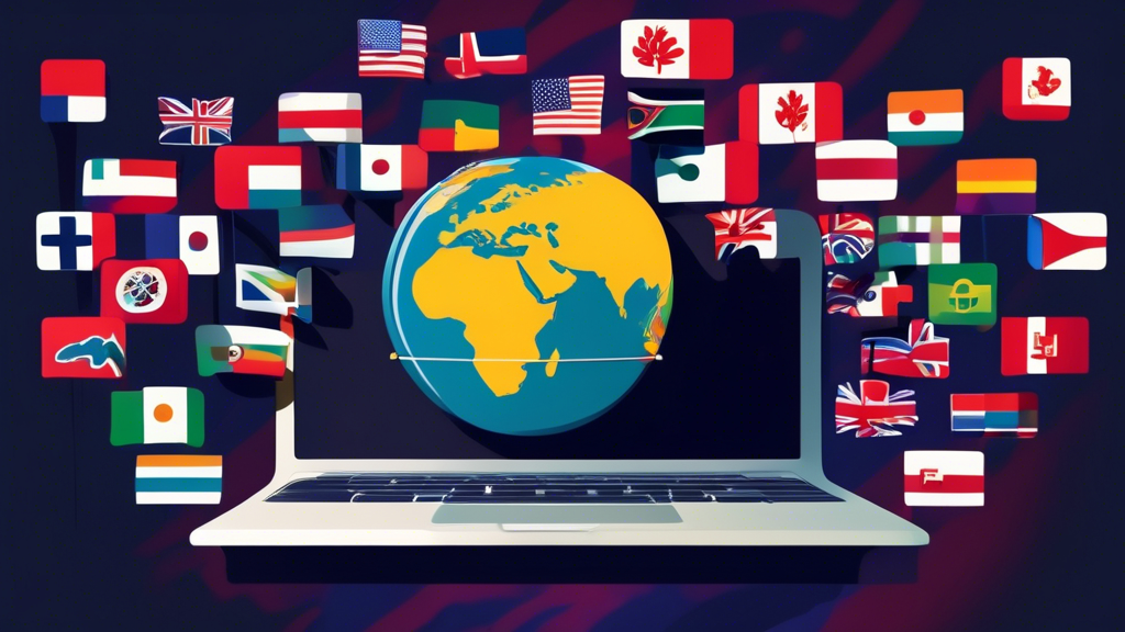 Create an image of a person comfortably seated in front of a laptop, with an unlocked globe icon prominently displayed on the screen. The laptop is surrounded by floating flags from various countries, symbolizing unrestricted access to global content. The background should feature stylized logos of popular international streaming platforms such as Netflix, Hulu, and BBC iPlayer, indicating access to diverse media. The atmosphere should feel liberating and secure, with elements like digital chains being broken, symbolizing the bypassing of geographical restrictions through a VPN browser.