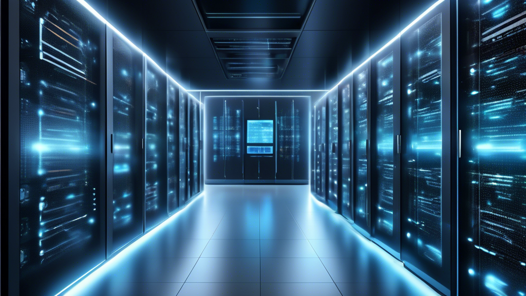 Create an image of a modern data center with sleek, futuristic server racks and a transparent, glowing interface showcasing the real-time allocation and scaling of IT resources. Integrate visuals of the latest technology icons such as cloud computing, AI, automation, and analytics seamlessly interacting. In the backdrop, incorporate elements symbolizing digital transformation and innovation, with subtle hints of futuristic user interfaces and holographic touchpoints, indicating the role of IaaS in the future of IT infrastructure.
