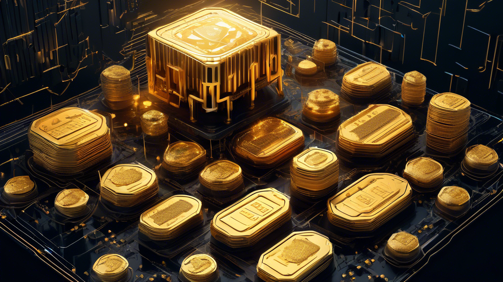 Create an image showing a futuristic mine filled with digital gold coins, each representing different top cryptocurrencies of 2023 like Bitcoin (BTC), Ethereum (ETH), and other emerging coins. Visualize mining rigs equipped with ASICs and GPUs working tirelessly. Ethereum logos feature a subtle transition effect symbolizing its shift to proof-of-stake. Include miners in high-tech gear, analyzing data on holographic screens. The backdrop should be advanced, with hints of 2023