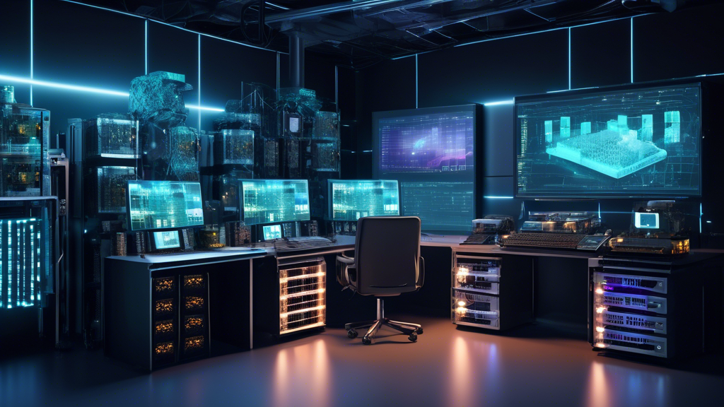 Create an image showcasing a 2023 crypto mining setup, featuring the latest ASIC and GPU hardware arranged neatly in a high-tech mining rig. The scene includes mining software interfaces displayed on multiple monitors, emphasizing real-time data analytics. Additionally, include a digital screen or a hologram projecting a calculator to represent profitability tools, with graphics of various cryptocurrencies like Bitcoin (BTC) and Ethereum (ETH) subtly incorporated into the background. The environment should be modern and well-lit, giving a sense of advanced technology and efficiency.