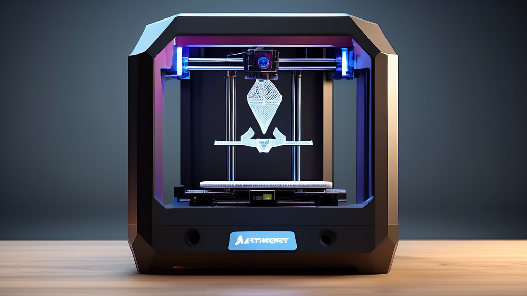 Create an image that showcases the Artillery Hornet 3D printer highlighting its cutting-edge technologies and features in a sleek, modern setup. Surround it with positive user feedback appearing as holographic text, indicating high user satisfaction. Display some 3D-printed objects to illustrate its performance and underline easy maintenance icons demonstrating its durability and user-friendly design.