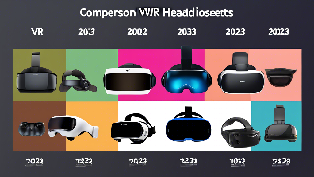 Create an image that depicts a comprehensive comparison of the best VR headsets of 2023. The image should include a visually appealing comparison table highlighting the top models, showcasing differences in performance, design, and user-friendliness. Incorporate elements like icons or illustrations of the headsets, comparison metrics, and price tags to emphasize the value for money each model offers. The background should be sleek and tech-oriented, reflecting the advanced technology of VR headsets.