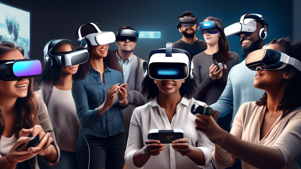 Create an image of a diverse group of people trying out various VR headsets in a modern, tech-savvy environment, with a guide or expert helping them choose the best VR headset based on their individual needs. Include visuals of compatible hardware and software setups in the background, and highlight emerging trends and future technologies in VR.