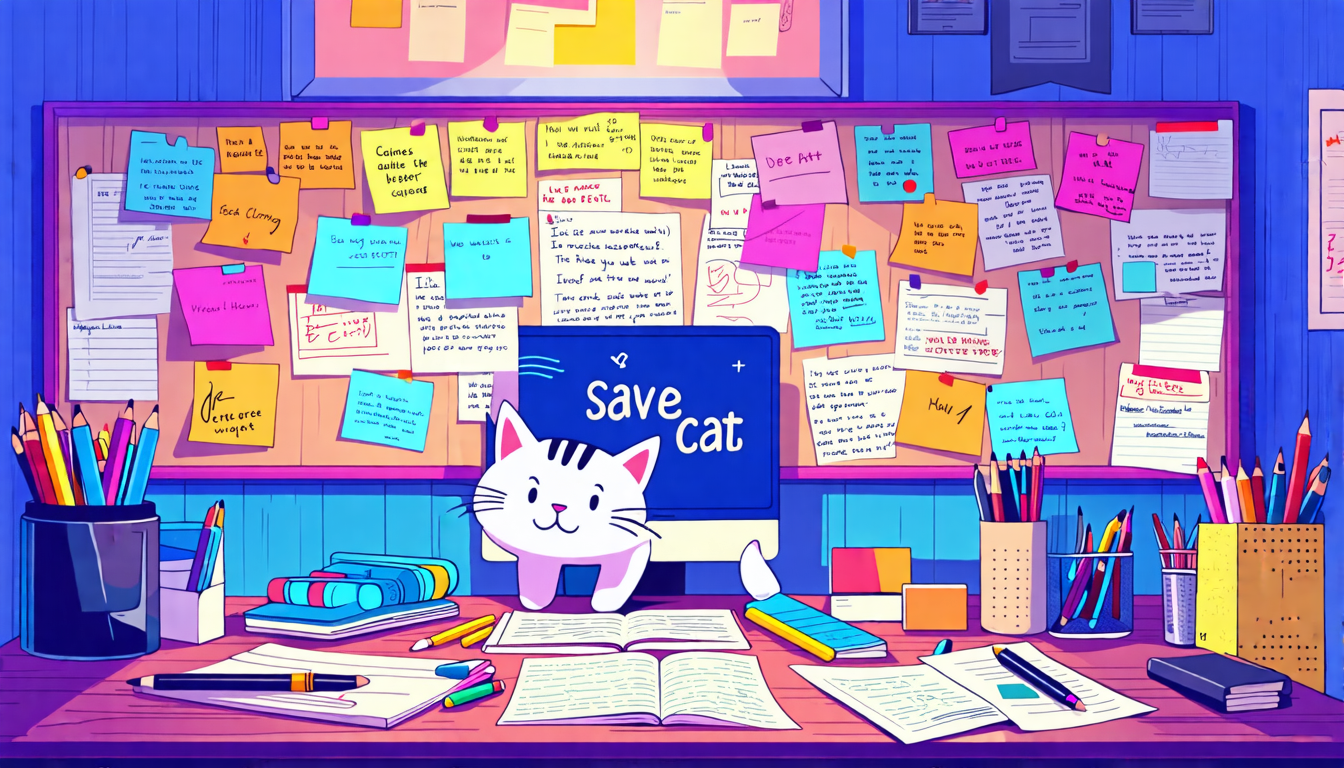 Create an image depicting a desk cluttered with writing tools, beat sheets, and storyboard sketches. At the forefront, display a copy of Blake Snyder
