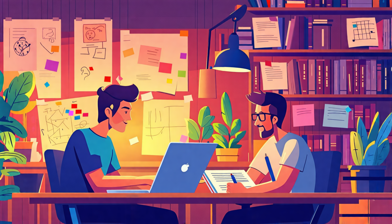 Create an image that depicts a collaborative scene between a writer and a screenplay consultant in a cozy, modern office setting. The writer is shown sitting at a desk, looking engaged and taking notes, while the consultant, seated across the desk, is animatedly providing feedback. Surround them with relevant elements such as a screenplay draft with notes, storyboards, a laptop, and sticky notes filled with ideas. The background should include bookshelves and film posters to emphasize the creative environment. The overall mood should be vibrant and productive, highlighting the impact of expert feedback and constructive criticism.