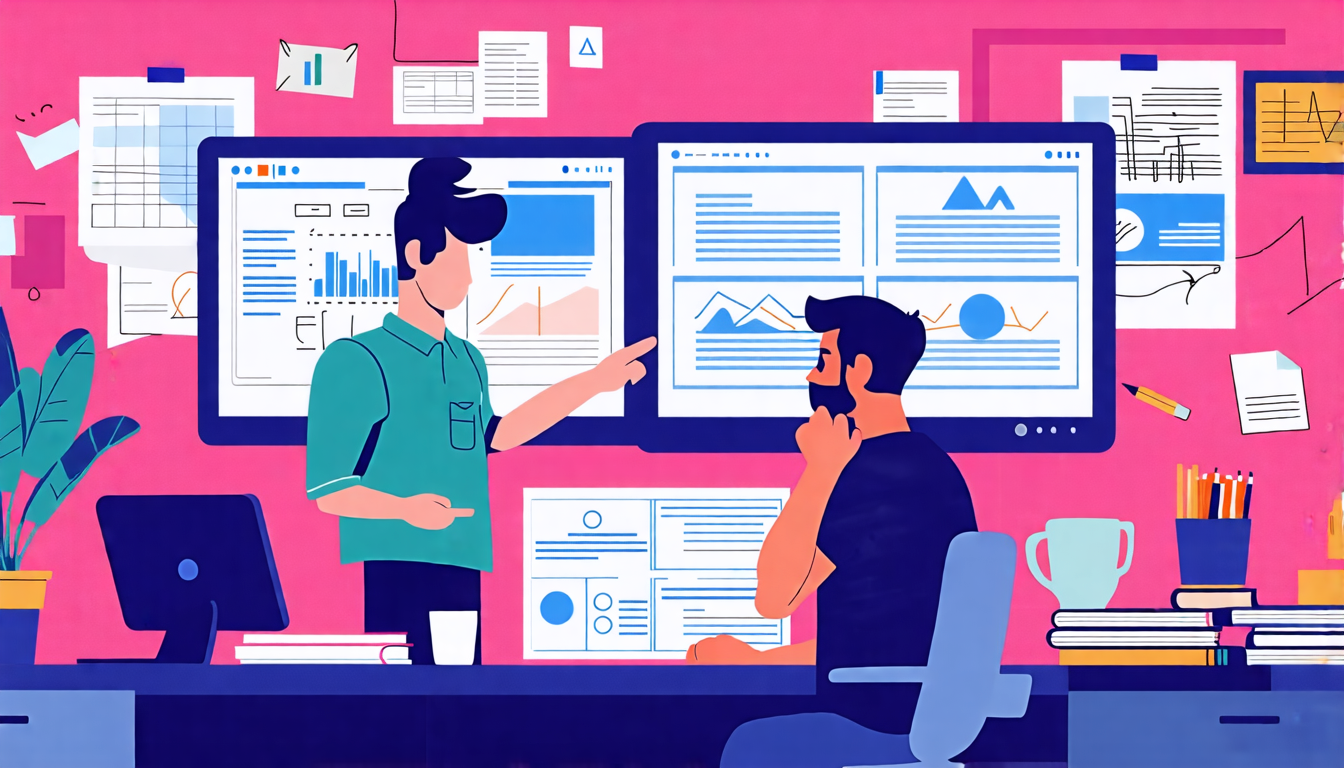 Create an image that illustrates a filmmaker reviewing portfolios with a screenplay consultant in a creative studio setting. The filmmaker is thoughtfully looking at papers and digital screens displaying different screenplay pages, while the consultant points out key elements on one of the screens. Surround them with subtle elements like posters of movies, books on filmmaking, and storyboard sketches on the wall to depict a comprehensive and professional consultation atmosphere.