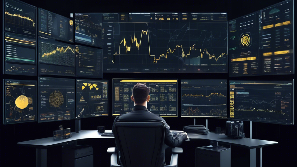 Create an image that depicts advanced crypto trading strategies on Binance. Show a futuristic trading room with multiple screens displaying charts, trades, and algorithms. Include elements like a trader deeply analyzing data, indicators of arbitrage opportunities, swing trading patterns, and automated trading bots in action. Incorporate hints of Binance