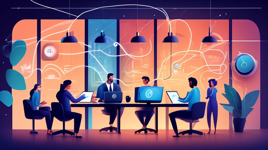 Create an image that illustrates the concept of Improved Productivity and Flexibility with a Business VPN. The scene should show a diverse group of business professionals collaborating seamlessly from different locations. One person might be in a cozy home office, another in a bustling coffee shop, and another in a sleek corporate office. They are all connected through a virtual interface, depicted as glowing lines or digital threads, symbolizing a secure and fast VPN connection. The background elements include icons of high-speed connectivity, security shields, and productivity tools like calendars and project management apps.
