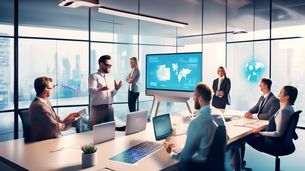 A dynamic office environment showcasing reduced operational costs due to the use of a business VPN. In one scene, small business owners are happily discussing budget allocations in a modern conference room. Another scene features a computer screen displaying optimized IT resources and a virtual meeting in progress, highlighting reduced travel expenses. The overall image should convey financial efficiency and technological optimization.