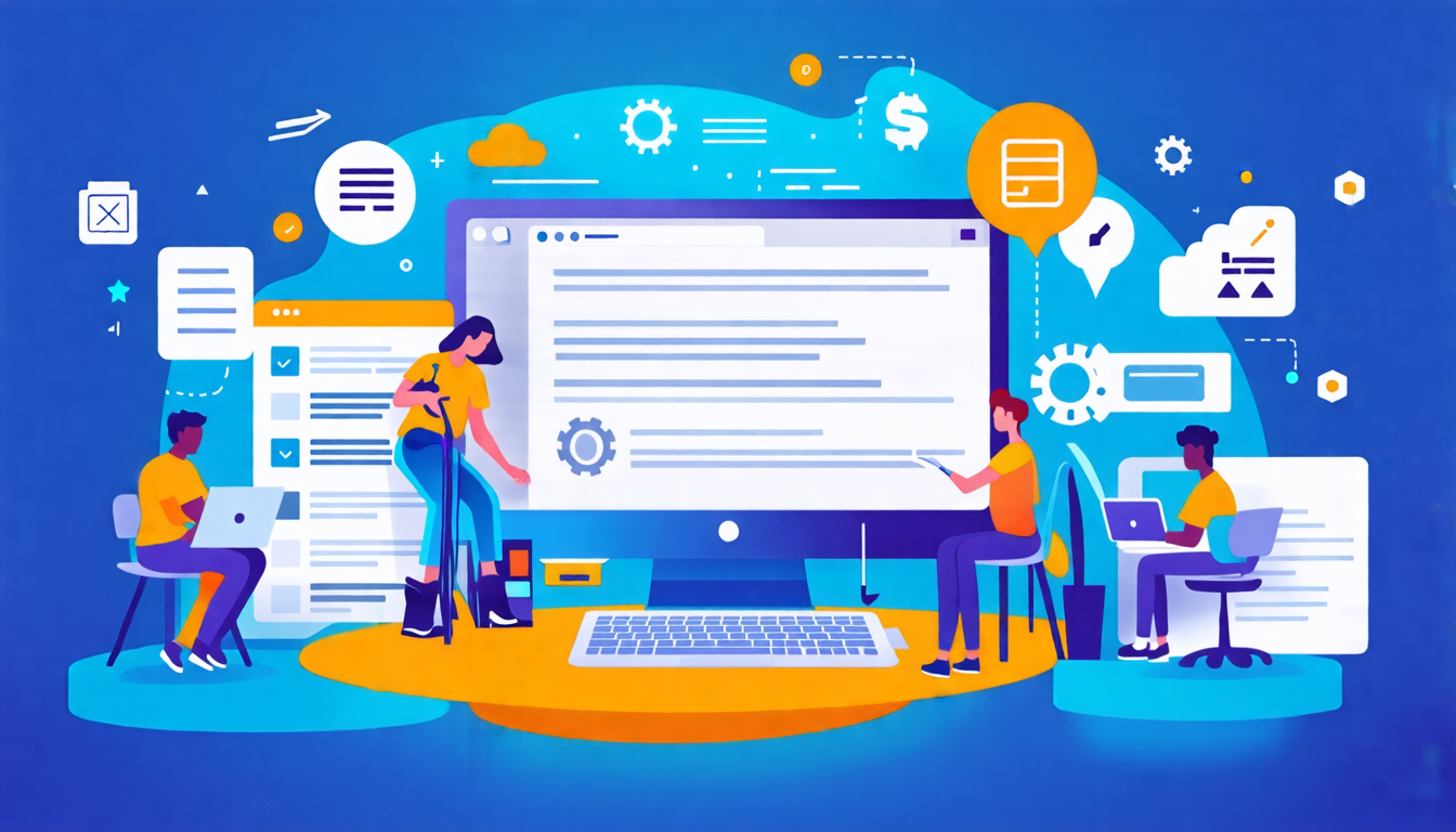 Create an image of a bustling digital workspace featuring various scriptwriting tools and resources, including built-in formatting options and templates, collaboration tools, and integration with professional scriptwriting software. The scene should highlight an active collaboration with users sharing feedback and working together seamlessly. The background could include icons or elements representing popular scriptwriting software to emphasize integration.