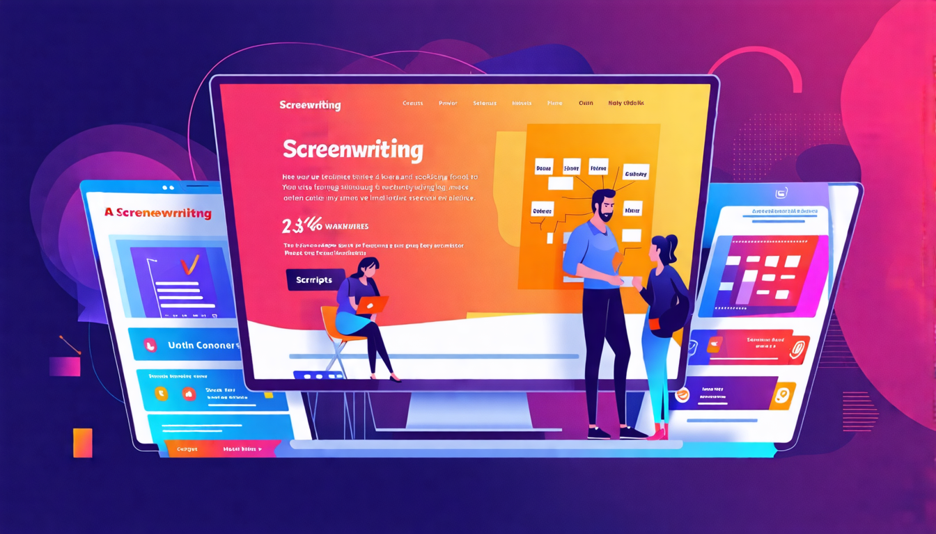 Create an image of a vibrant, modern website interface dedicated to screenwriting, featuring screenshots of an active forum with enthusiastic users discussing scripts, a calendar highlighting upcoming workshops and webinars, and a networking section showing connections between industry professionals and peers. The design should emphasize community engagement and networking opportunities.