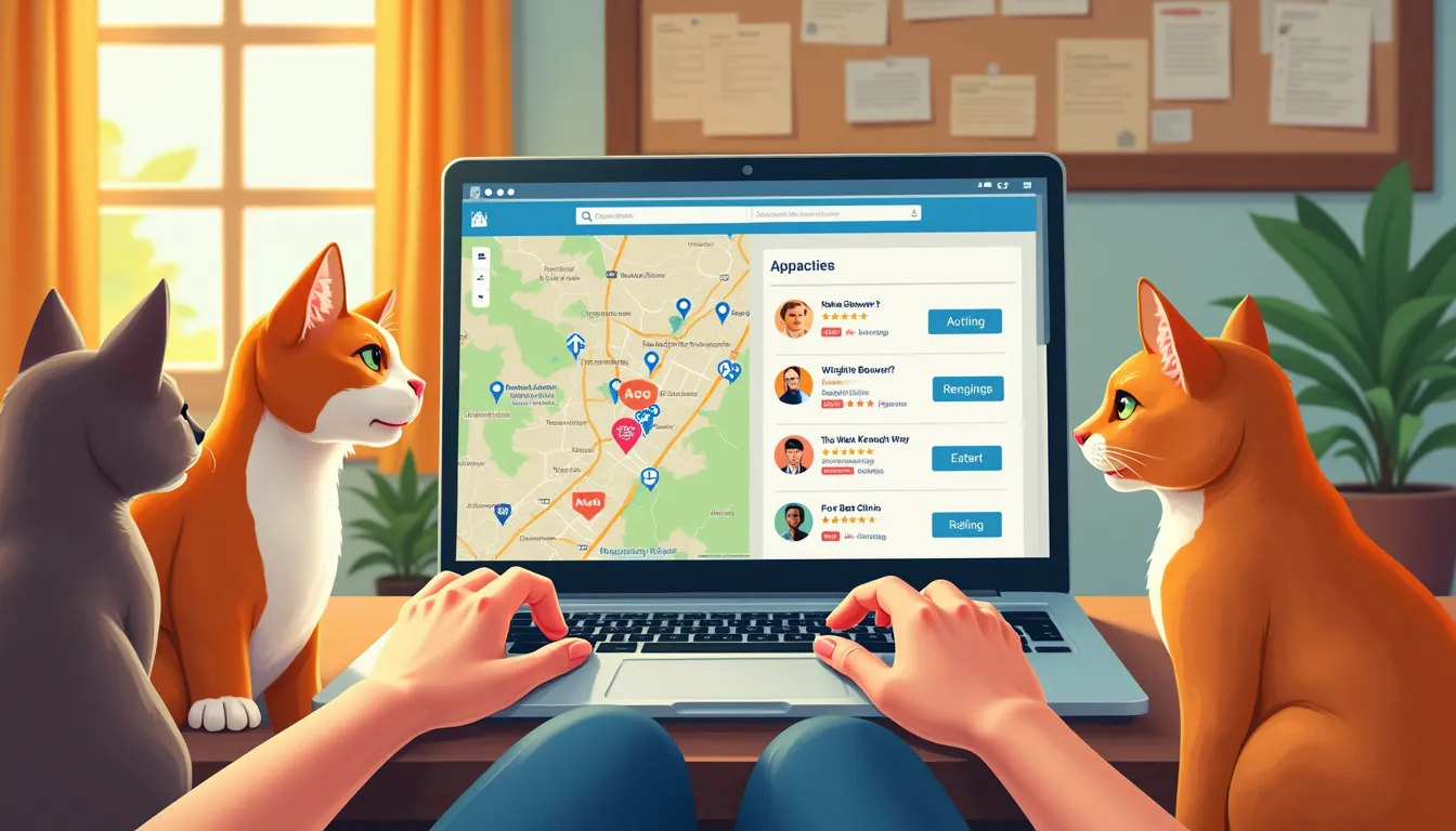 Create an illustration of a person using a laptop in a cozy living room, surrounded by playful cats. The laptop screen shows a webpage with a map indicating nearby veterinary clinics, alongside user reviews and star ratings. In the background, a bulletin board filled with community referrals and recommendations is visible. Highlight the warm and welcoming vibe of the space to convey the supportive environment for finding the best cat vet.