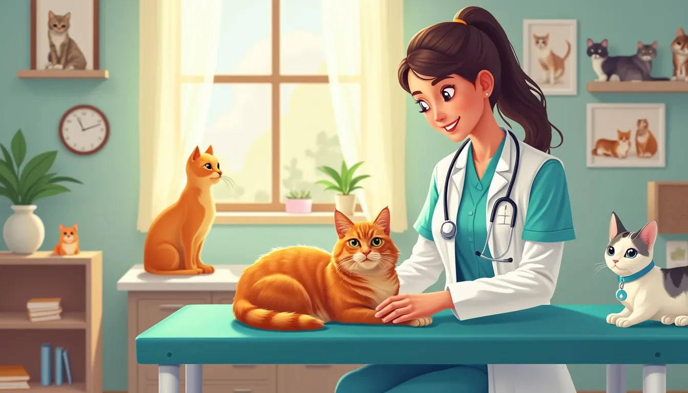 Create an image that showcases a cozy and well-equipped veterinary clinic specialized for cats. The scene should include a veterinarian, clad in professional attire with a warm demeanor, examining a content and relaxed cat on an examination table. Surrounding the vet should be state-of-the-art equipment, cat-specific amenities like scratching posts, and educational posters on feline health. The clinic should exude a welcoming atmosphere with soft lighting and a waiting area with comfortable seating. The image should convey the idea of a clinic that prioritizes preventive care, client education, and the wellbeing of its feline patients.