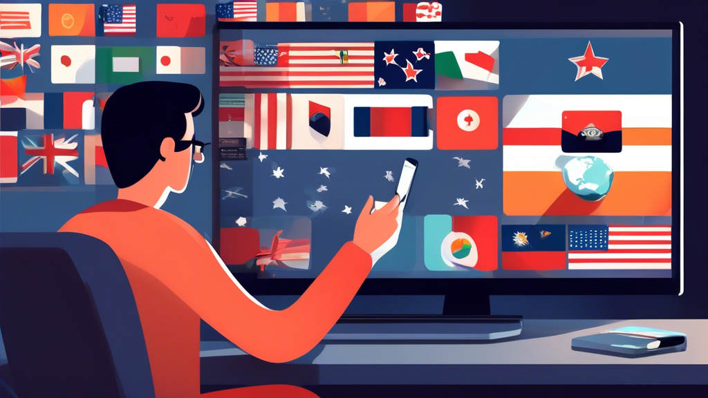 Create an image that illustrates the benefits of using a Stream VPN for online viewing: Depict a person comfortably watching a variety of television shows and movies on their laptop, surrounded by flags from different countries to symbolize access to global content. The streaming screen should show high-definition visuals, indicating enhanced video quality, while a shield icon near the laptop signifies heightened privacy and security. The scene should convey a sense of ease and satisfaction.